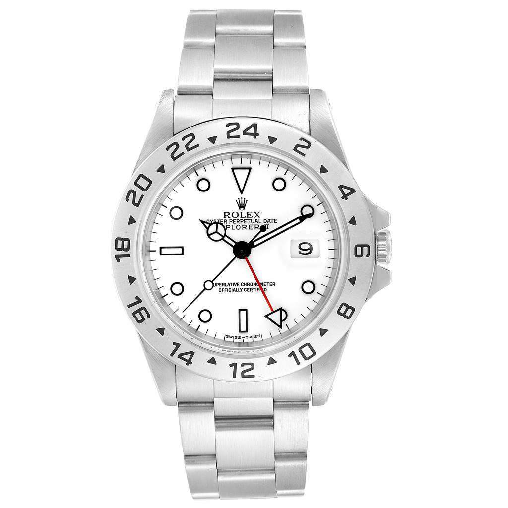 The image shows a front view of a Rolex Explorer 16570 Men's Stainless Steel White Dial 16570 Men's Stainless Steel White Dial watch, displaying its face, bezel, and stainless-steel bracelet.