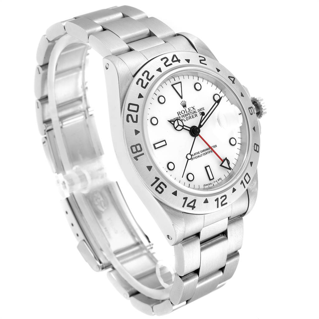 The Rolex Explorer 16570 Men's Stainless Steel White Dial 16570 Men's Stainless Steel White Dial model watch is shown from a 3/4 angle, displaying its dial, bezel, and bracelet.