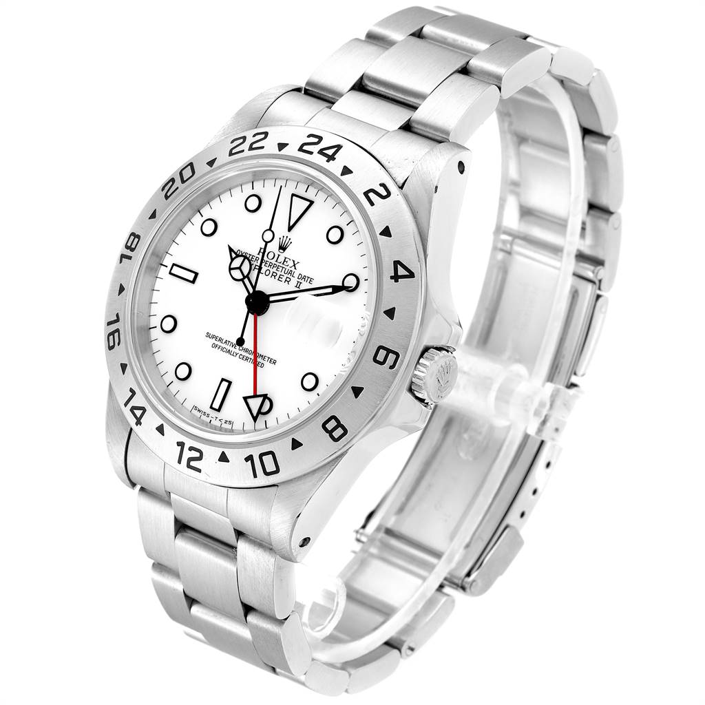 The image shows a Rolex Explorer 16570 Men's Stainless Steel White Dial 16570 Men's Stainless Steel White Dial watch at a three-quarter angle, highlighting its dial, bezel, crown, and bracelet.