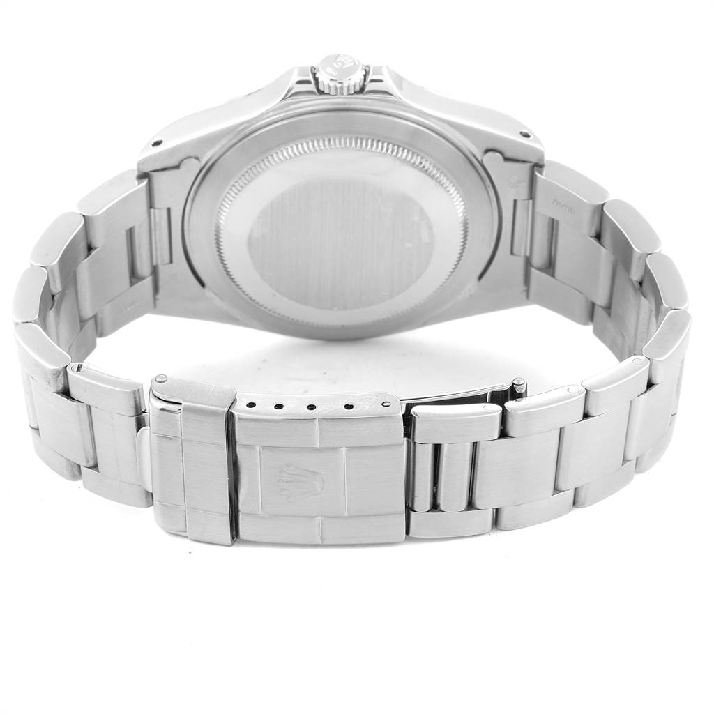 This image shows the back case and metal bracelet of the Rolex Explorer 16570 Men's Stainless Steel White Dial 16570 Men's Stainless Steel White Dial watch.