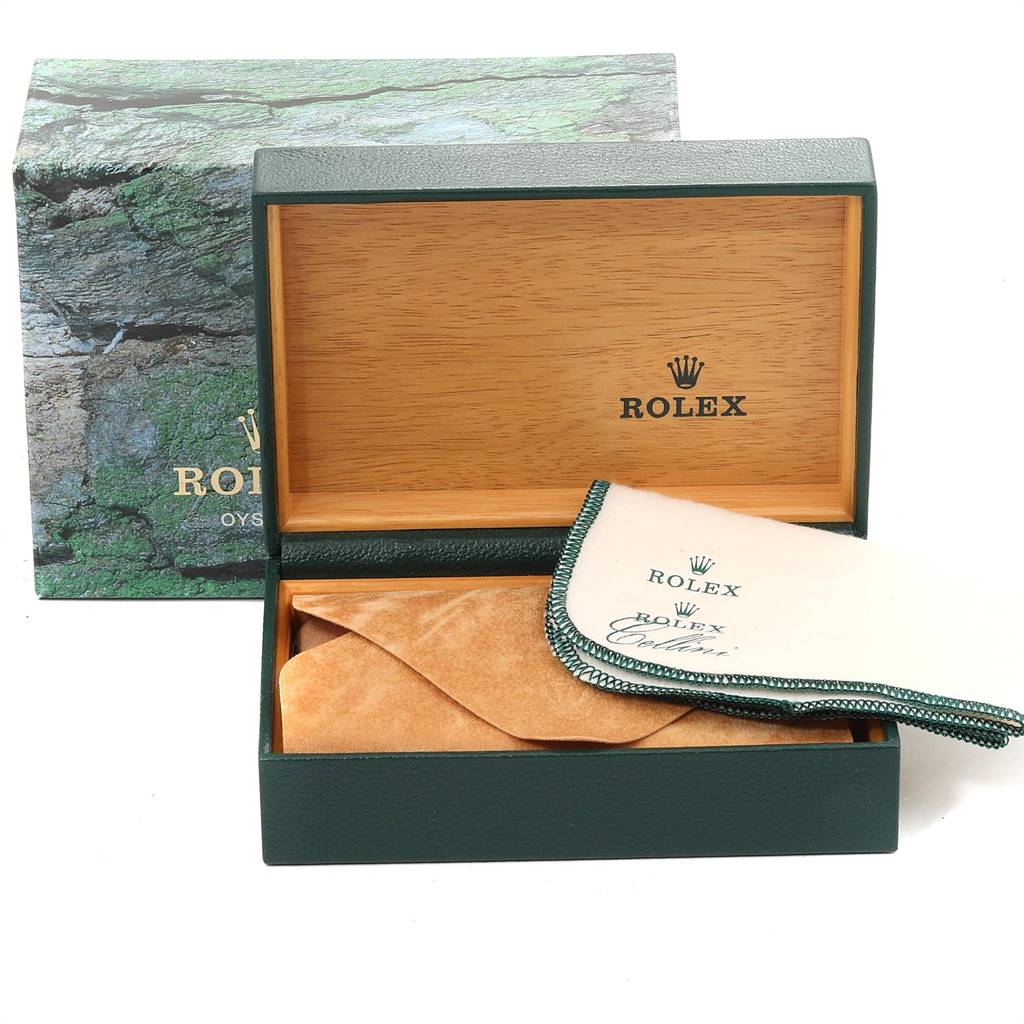 The image shows the box, polishing cloth, and pouch for a Rolex Explorer 16570 Men's Stainless Steel White Dial 16570 Men's Stainless Steel White Dial watch.
