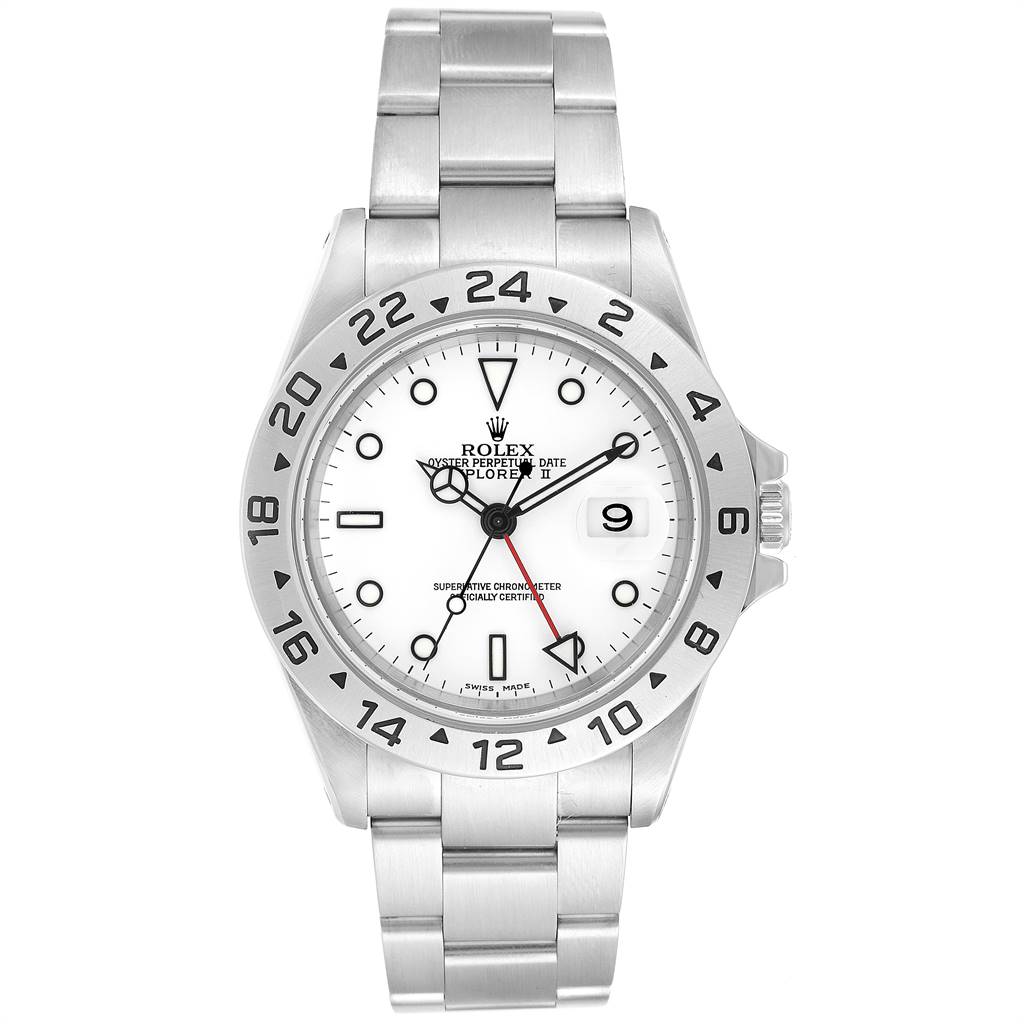 This image shows a straight-on view of a Rolex Explorer 16570 Men's Stainless Steel White Dial 16570 Men's Stainless Steel White Dial watch, displaying its face, bezel, crown, and bracelet.