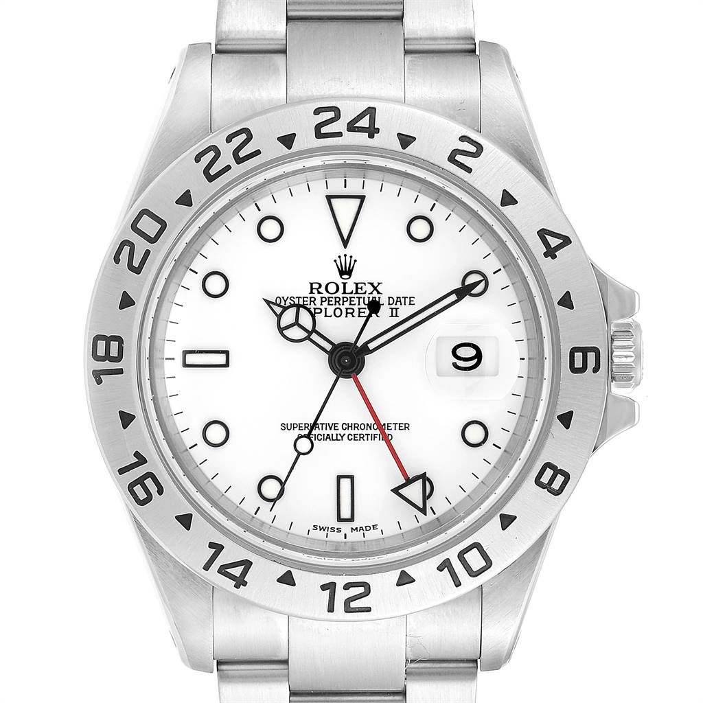 The Rolex Explorer 16570 Men's Stainless Steel White Dial 16570 Men's Stainless Steel White Dial model is shown from the front, highlighting its face, hands, bezel, and date window.