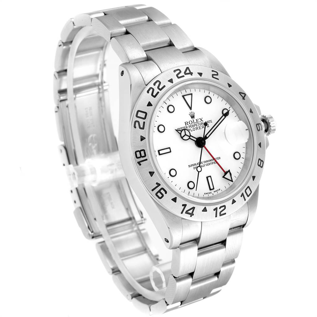 The image shows a side and front view of the Rolex Explorer 16570 Men's Stainless Steel White Dial 16570 Men's Stainless Steel White Dial model, displaying its dial, bezel, crown, and bracelet.