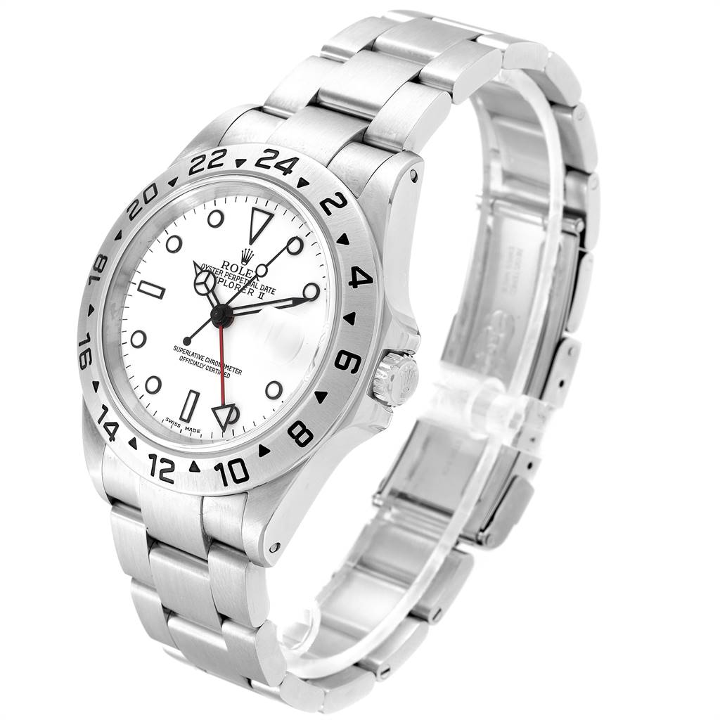 This image shows a side angle of the Rolex Explorer 16570 Men's Stainless Steel White Dial 16570 Men's Stainless Steel White Dial model, highlighting the bezel, dial, hands, and bracelet.