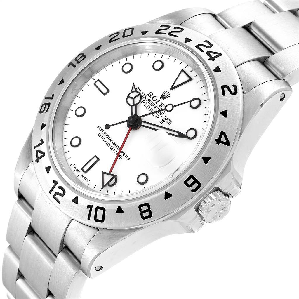 The image shows a Rolex Explorer 16570 Men's Stainless Steel White Dial 16570 Men's Stainless Steel White Dial model watch at an angle, highlighting the face, bezel, crown, and part of the bracelet.