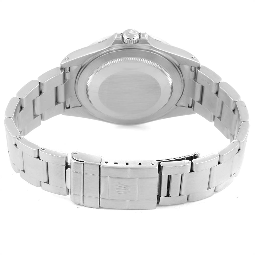 The image shows the back case and stainless steel bracelet of a Rolex Explorer 16570 Men's Stainless Steel White Dial 16570 Men's Stainless Steel White Dial watch from a rear angle.