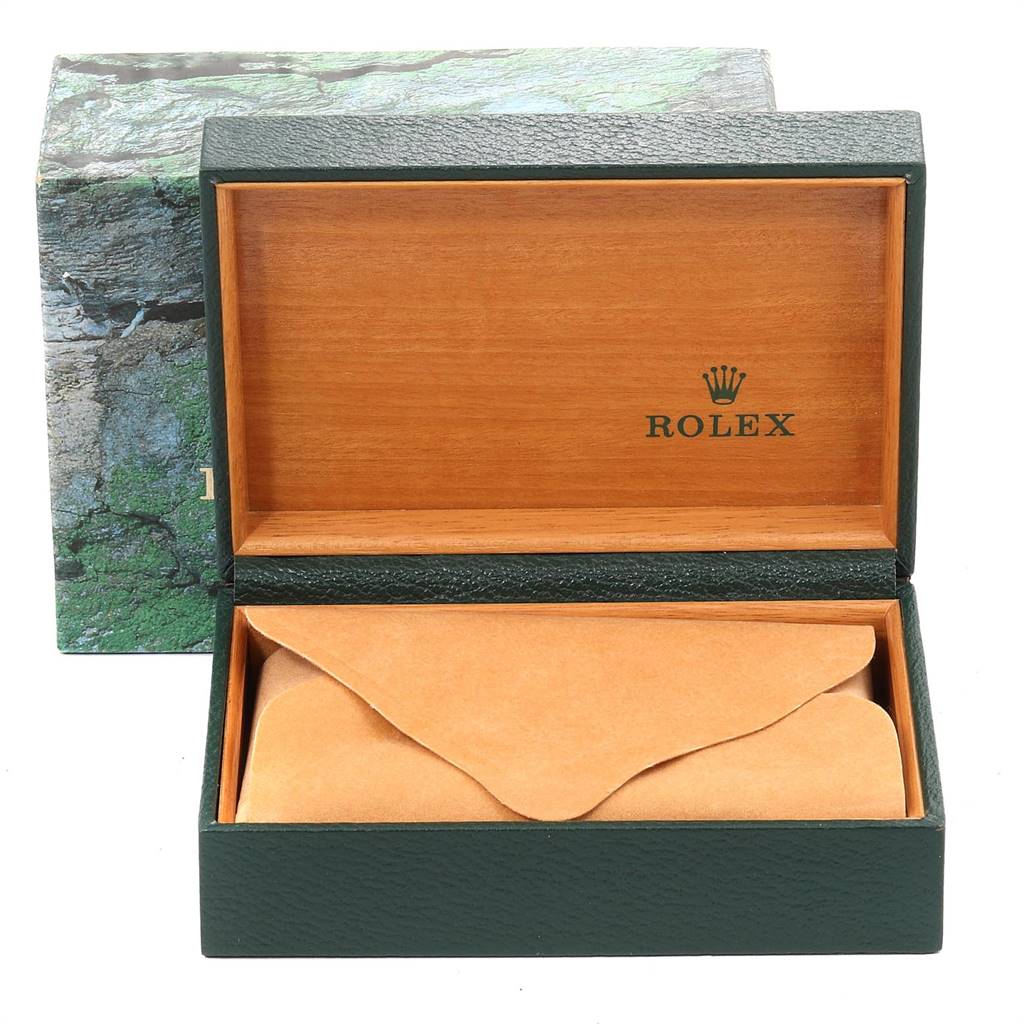 The image shows a Rolex Explorer 16570 Men's Stainless Steel White Dial 16570 Men's Stainless Steel White Dial watch box and packaging with the box open, revealing the interior lining.