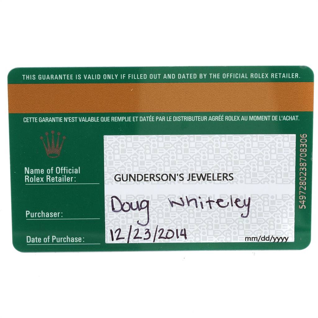 This is a warranty card for the Rolex Explorer 216570 Men's Stainless Steel White Dial 216570 Men's Stainless Steel White Dial model, displaying the retailer's name, purchaser's name, and purchase date.