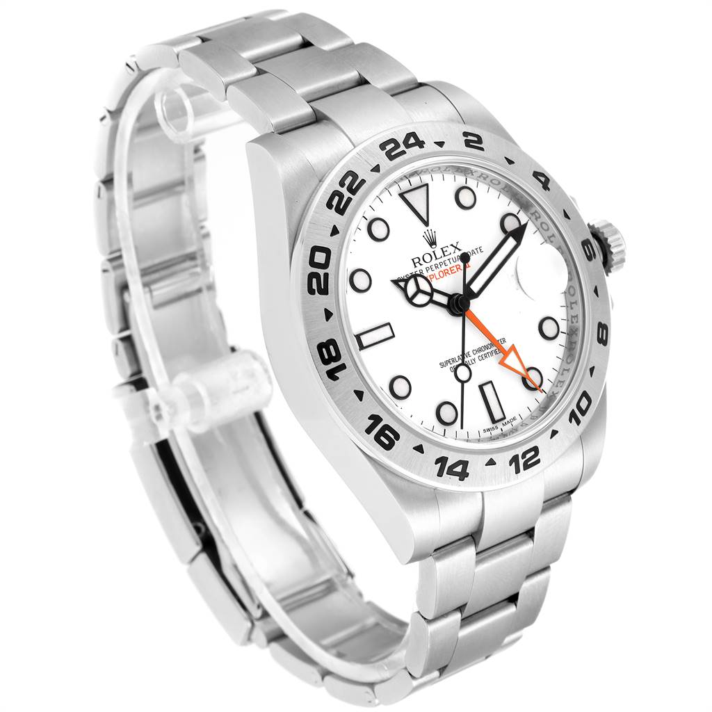 This image shows a Rolex Explorer 216570 Men's Stainless Steel White Dial 216570 Men's Stainless Steel White Dial watch at a three-quarter angle, highlighting the face, bezel, and stainless steel bracelet.