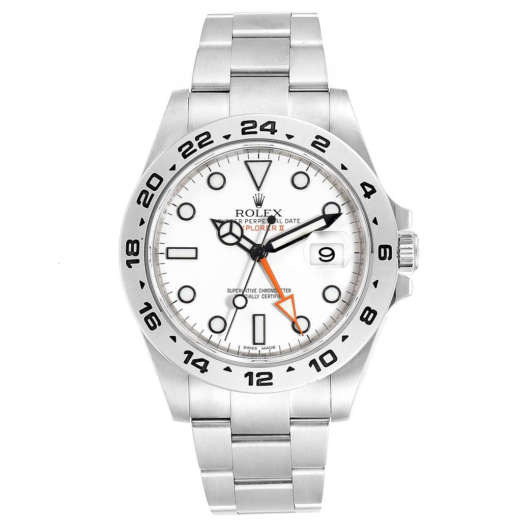 The image shows a frontal view of a Rolex Explorer 216570 Men's Stainless Steel White Dial 216570 Men's Stainless Steel White Dial watch, highlighting its white dial, 24-hour bezel, and stainless steel bracelet.