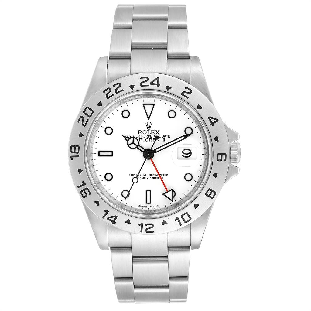 The image shows a front view of a Rolex Explorer 16570 Men's Stainless Steel White Dial 16570 Men's Stainless Steel White Dial watch, featuring a white dial, bezel, and bracelet.