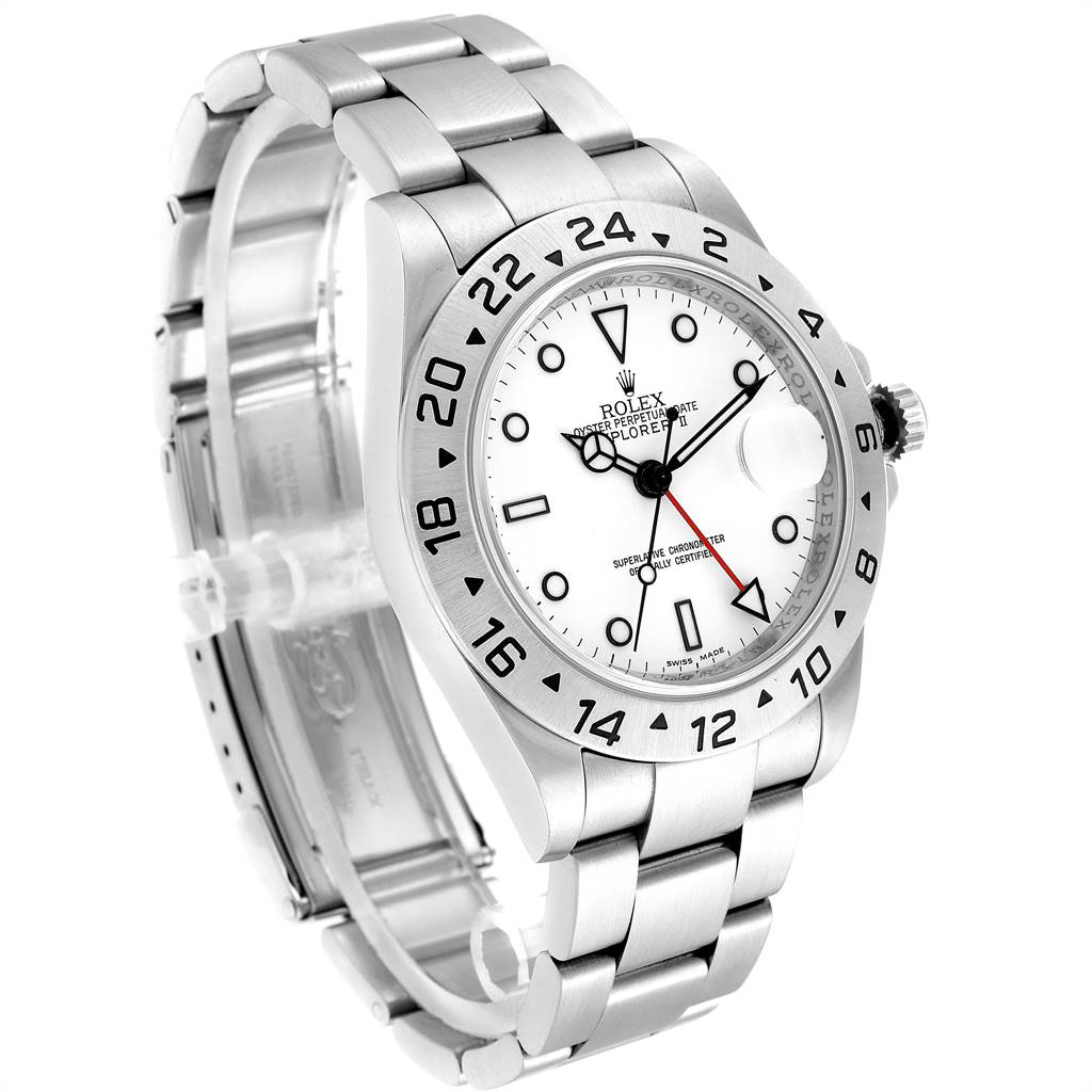 The image shows a side and front view of the Rolex Explorer 16570 Men's Stainless Steel White Dial 16570 Men's Stainless Steel White Dial model watch, highlighting the bracelet, bezel, and face.