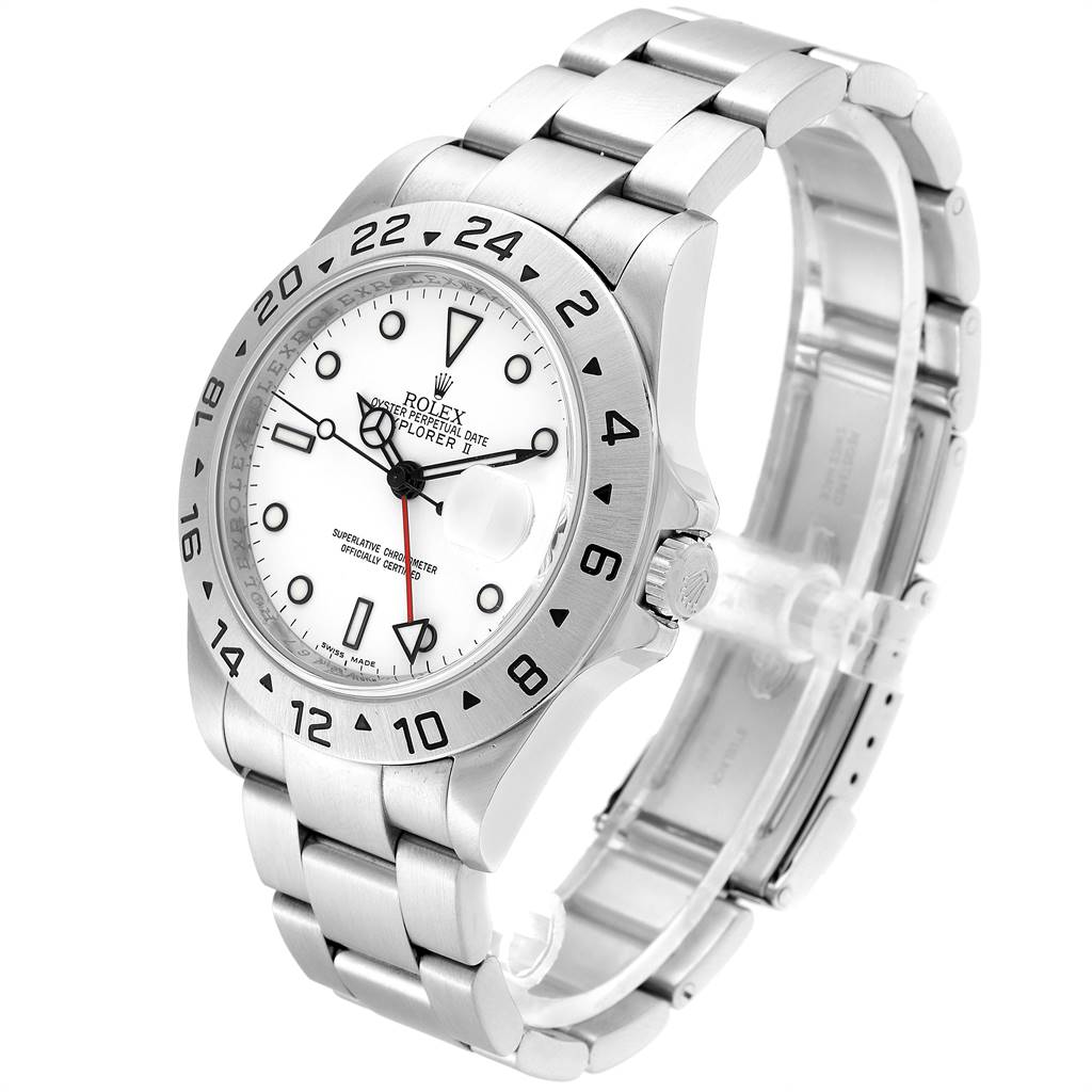 This image shows a Rolex Explorer 16570 Men's Stainless Steel White Dial 16570 Men's Stainless Steel White Dial watch at a slight angle, highlighting the face, bezel, and bracelet.