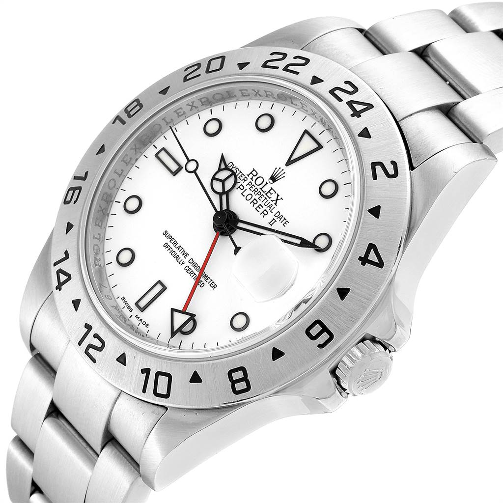 The Rolex Explorer 16570 Men's Stainless Steel White Dial 16570 Men's Stainless Steel White Dial watch is shown at an angled view, highlighting its white dial, bezel, crown, and metal bracelet.