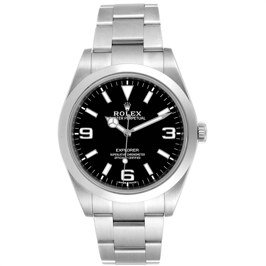 This Rolex Explorer 214270 Men's Stainless Steel Black Dial 214270 Men's Stainless Steel Black Dial watch is shown from a front angle, highlighting its black dial, stainless steel bracelet, and bezel.