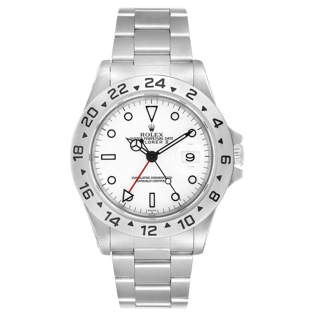 The Rolex Explorer 16570 Men's Stainless Steel White Dial 16570 Men's Stainless Steel White Dial watch is shown from a top-down angle, displaying the face, bezel, crown, and bracelet.