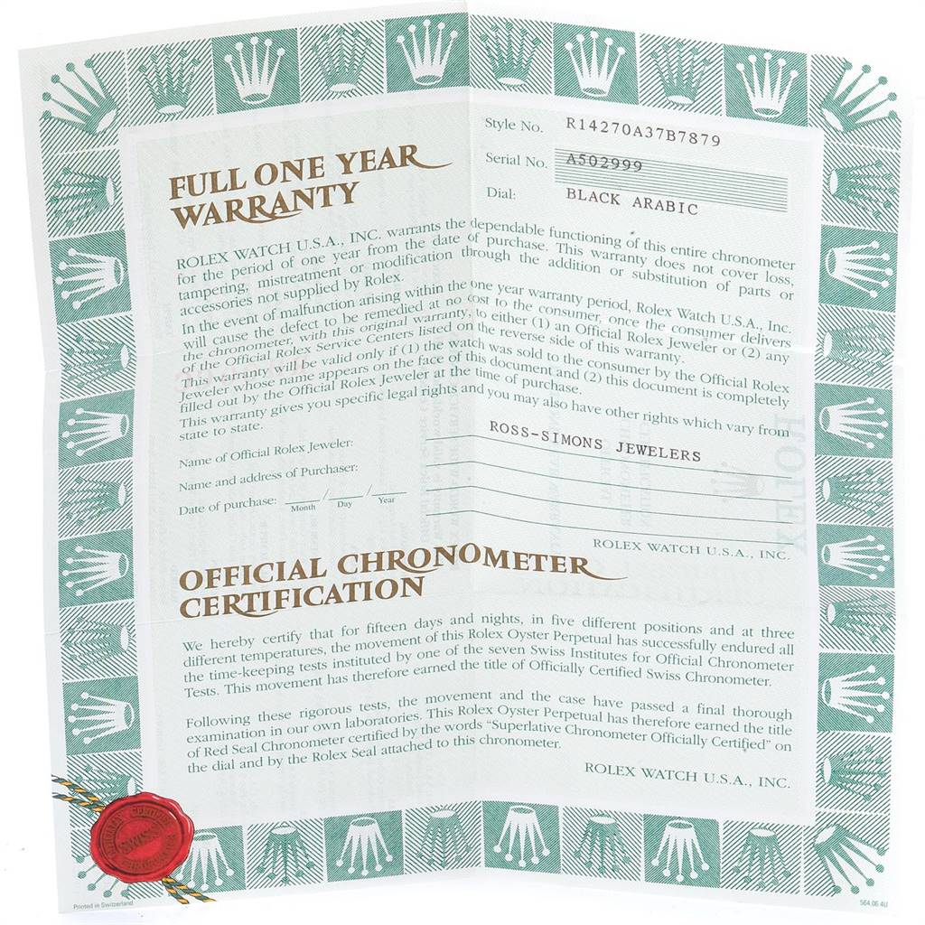 The image shows a warranty certificate and chronometer certification for the Rolex Explorer 14270 Men's Stainless Steel Black Dial 14270 Men's Stainless Steel Black Dial model.