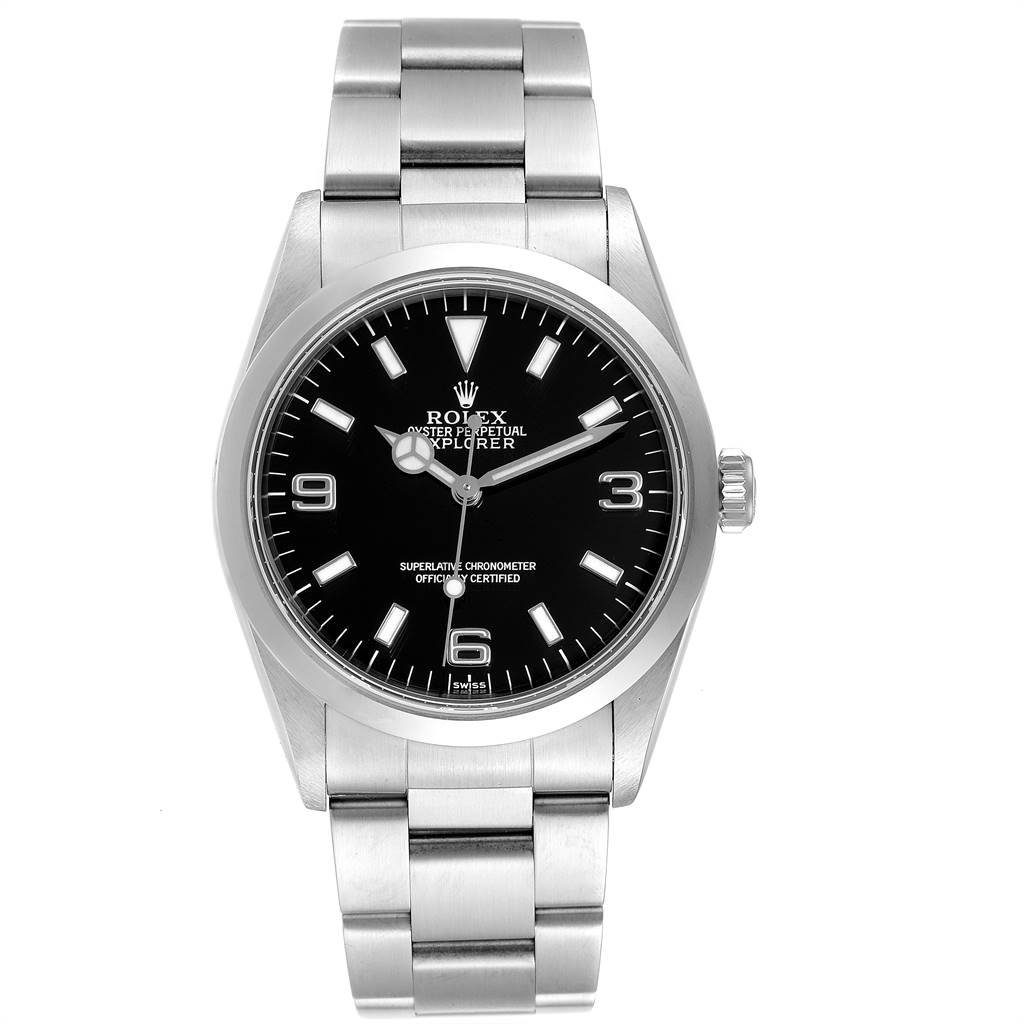 This Rolex Explorer 14270 Men's Stainless Steel Black Dial 14270 Men's Stainless Steel Black Dial model watch is shown from a top-down view, displaying the face and stainless steel bracelet.