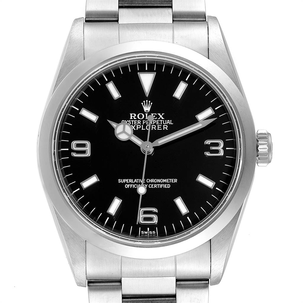 This image shows a front view of a Rolex Explorer 14270 Men's Stainless Steel Black Dial 14270 Men's Stainless Steel Black Dial watch, highlighting the black dial, hour markers, and stainless steel bracelet.