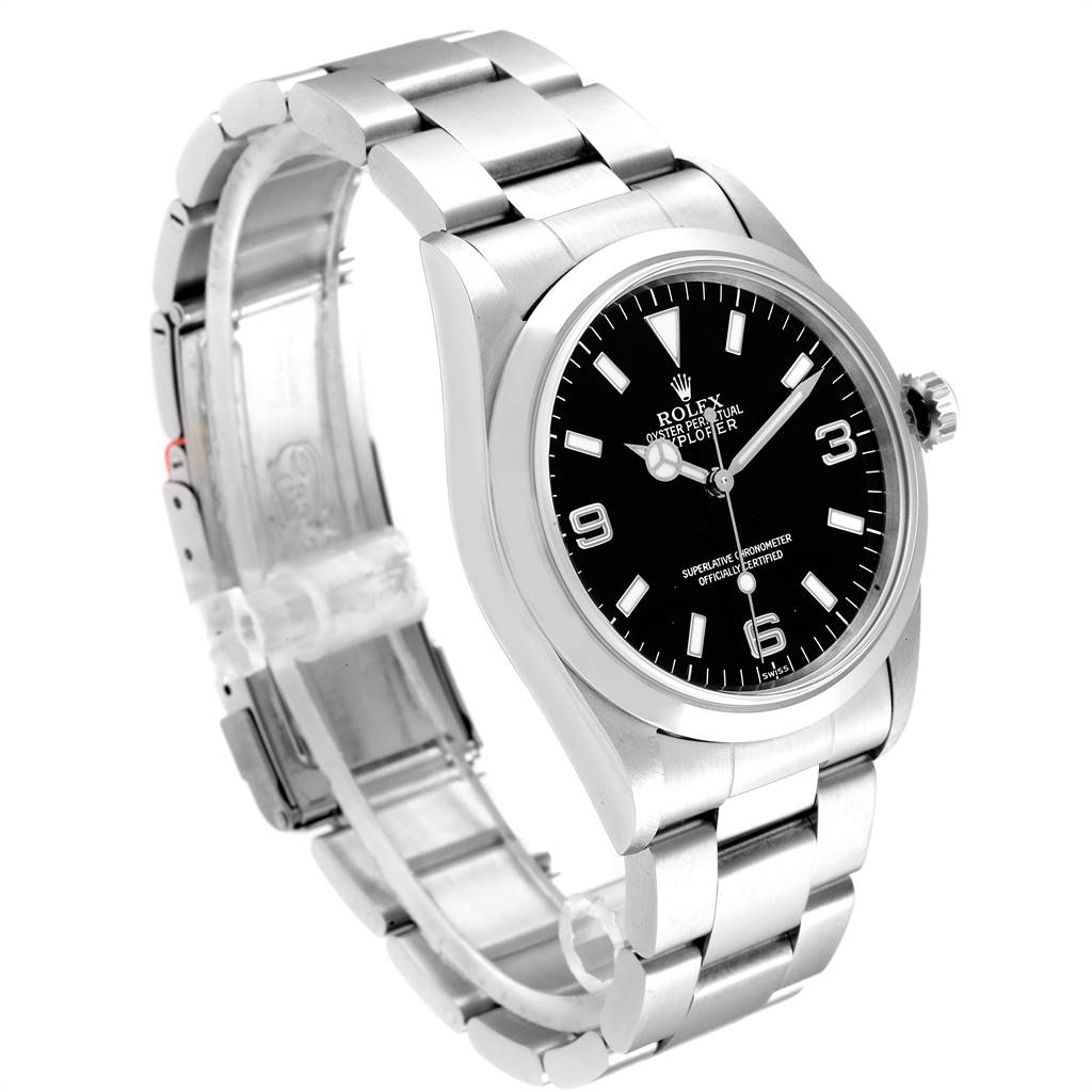 The Rolex Explorer 14270 Men's Stainless Steel Black Dial 14270 Men's Stainless Steel Black Dial watch is shown at an angle displaying the face, bezel, crown, and stainless steel bracelet.