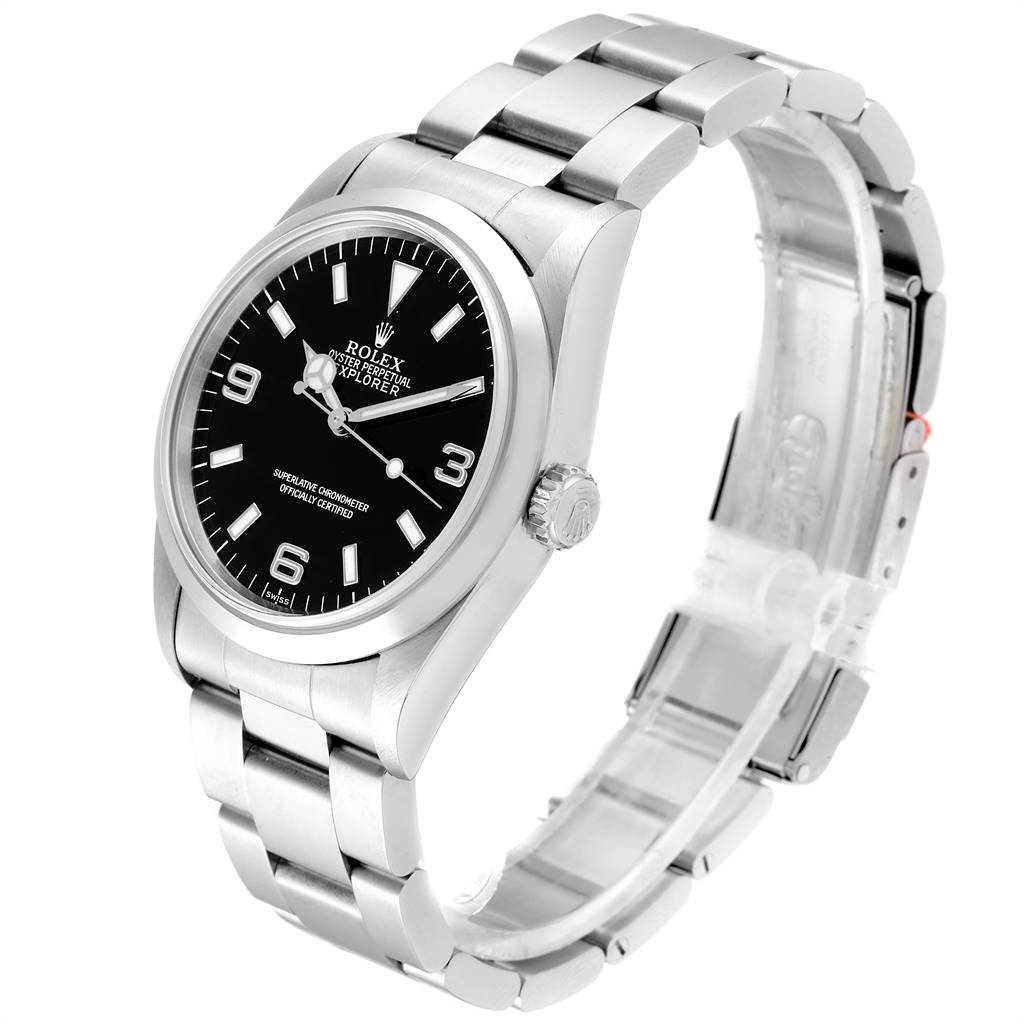 The Rolex Explorer 14270 Men's Stainless Steel Black Dial 14270 Men's Stainless Steel Black Dial watch is shown at a three-quarter angle, displaying the case, dial, crown, and bracelet.