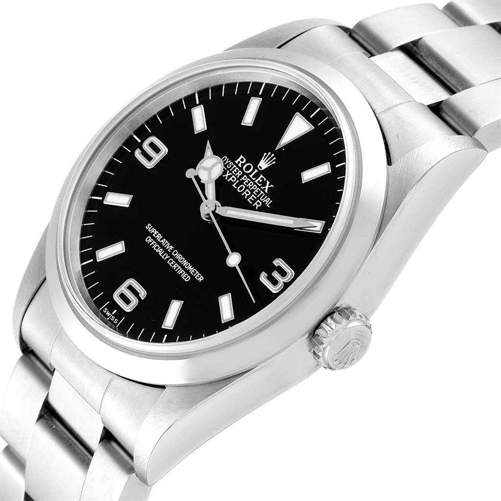 The image shows a Rolex Explorer 14270 Men's Stainless Steel Black Dial 14270 Men's Stainless Steel Black Dial watch at a three-quarter angle, highlighting its face, case, crown, and part of the bracelet.