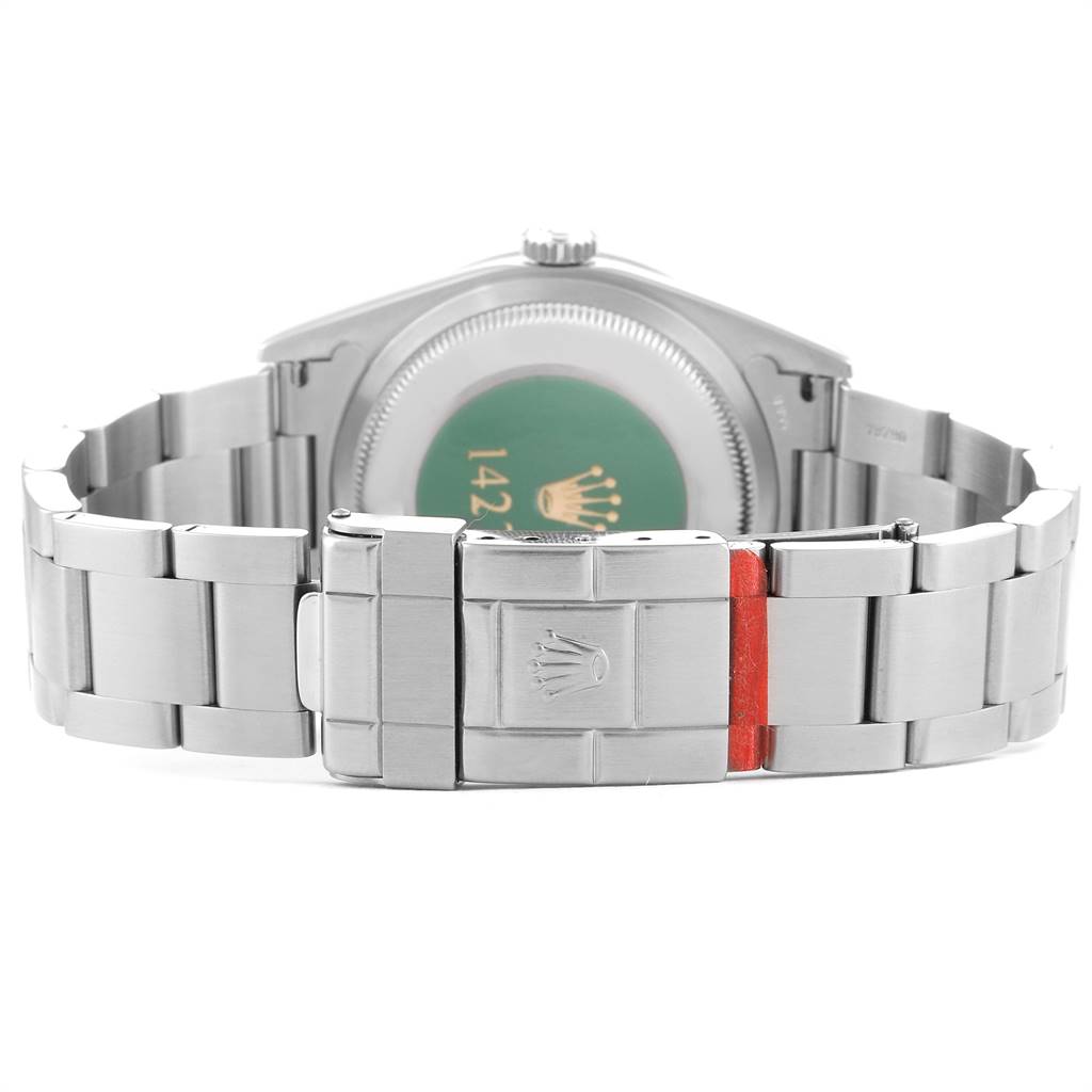 The image shows the clasp and case back of a Rolex Explorer 14270 Men's Stainless Steel Black Dial 14270 Men's Stainless Steel Black Dial watch, viewed from the rear angle.