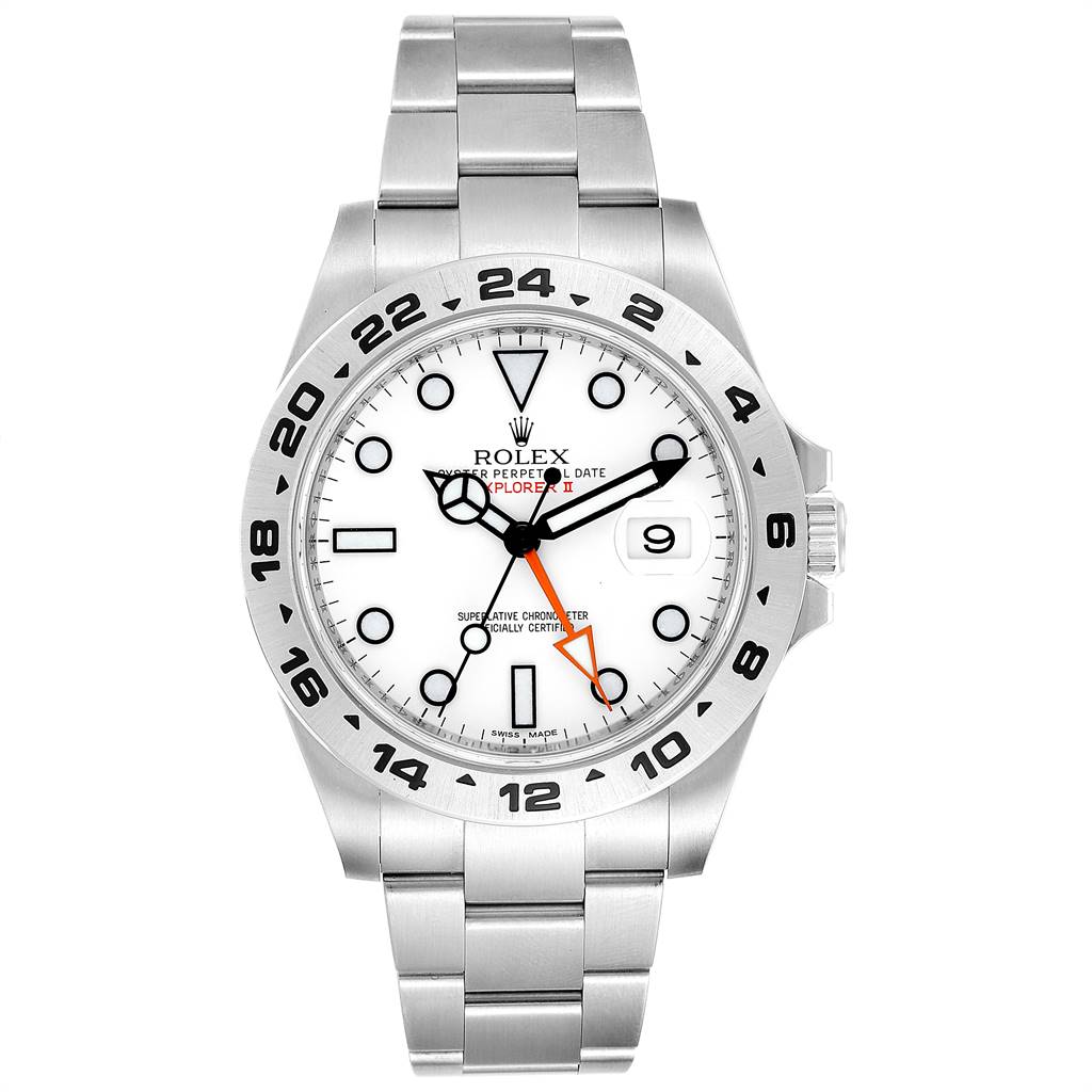 The image shows a frontal view of the Rolex Explorer 216570 Men's Stainless Steel White Dial 216570 Men's Stainless Steel White Dial watch, highlighting the dial, bezel, hands, and bracelet.