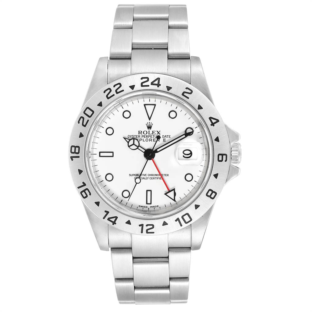 This image shows a frontal view of the Rolex Explorer 16570 Men's Stainless Steel White Dial 16570 Men's Stainless Steel White Dial watch, displaying the dial, bezel, and bracelet.