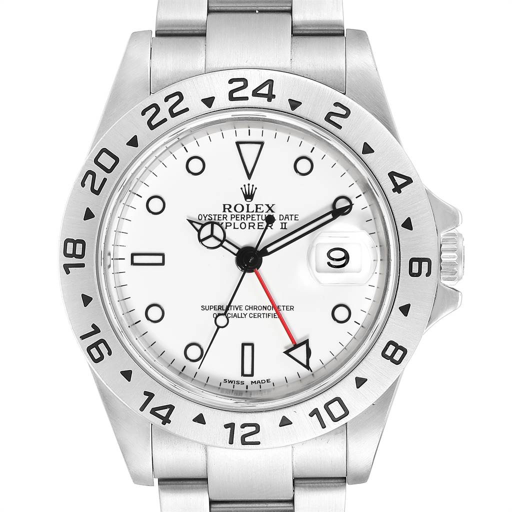 This image shows a frontal view of the Rolex Explorer 16570 Men's Stainless Steel White Dial 16570 Men's Stainless Steel White Dial watch, displaying its dial, bezel, and bracelet.