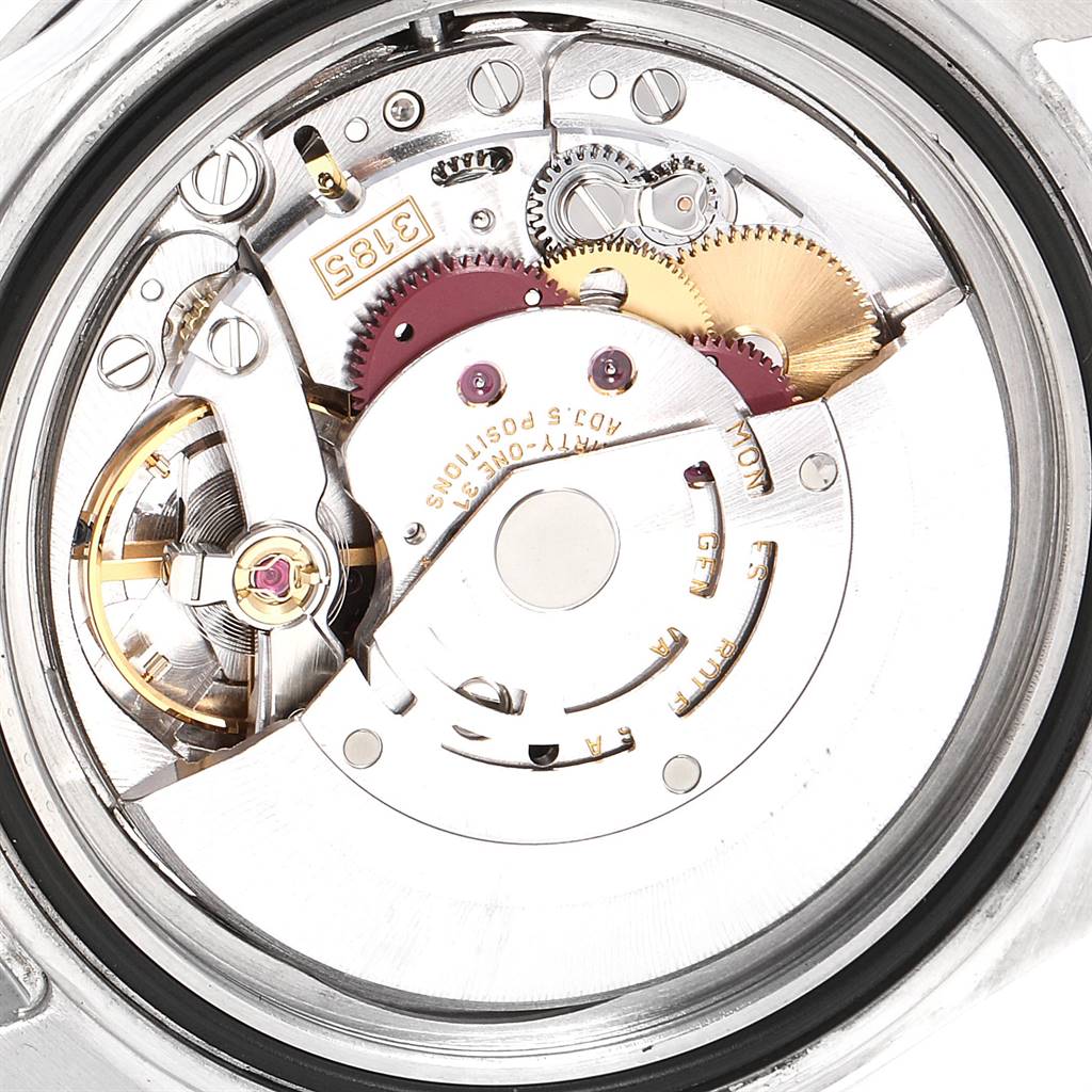This image shows the internal mechanical movement of a Rolex Explorer 16570 Men's Stainless Steel White Dial 16570 Men's Stainless Steel White Dial model watch from a close-up, top-down angle.