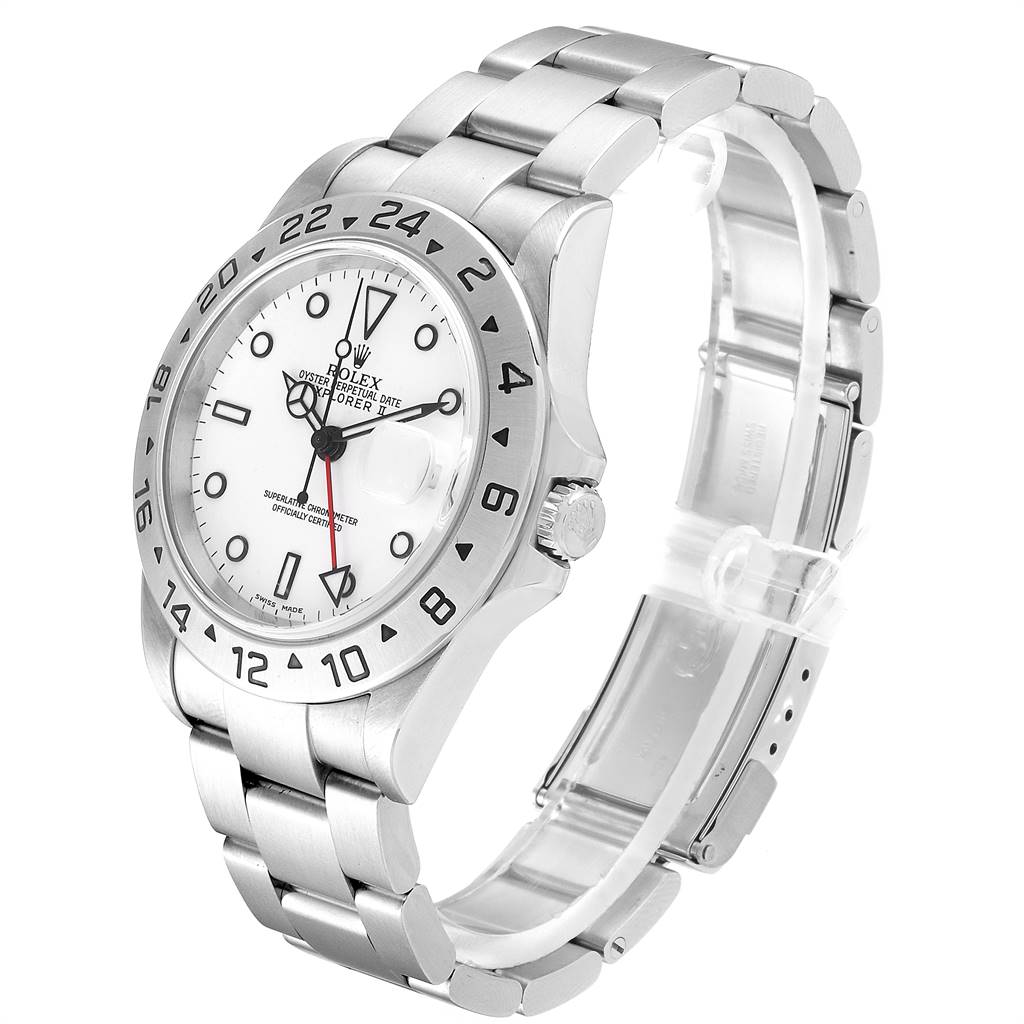 This image shows a side view of a Rolex Explorer 16570 Men's Stainless Steel White Dial 16570 Men's Stainless Steel White Dial watch, highlighting the face, bezel, crown, and stainless steel bracelet.