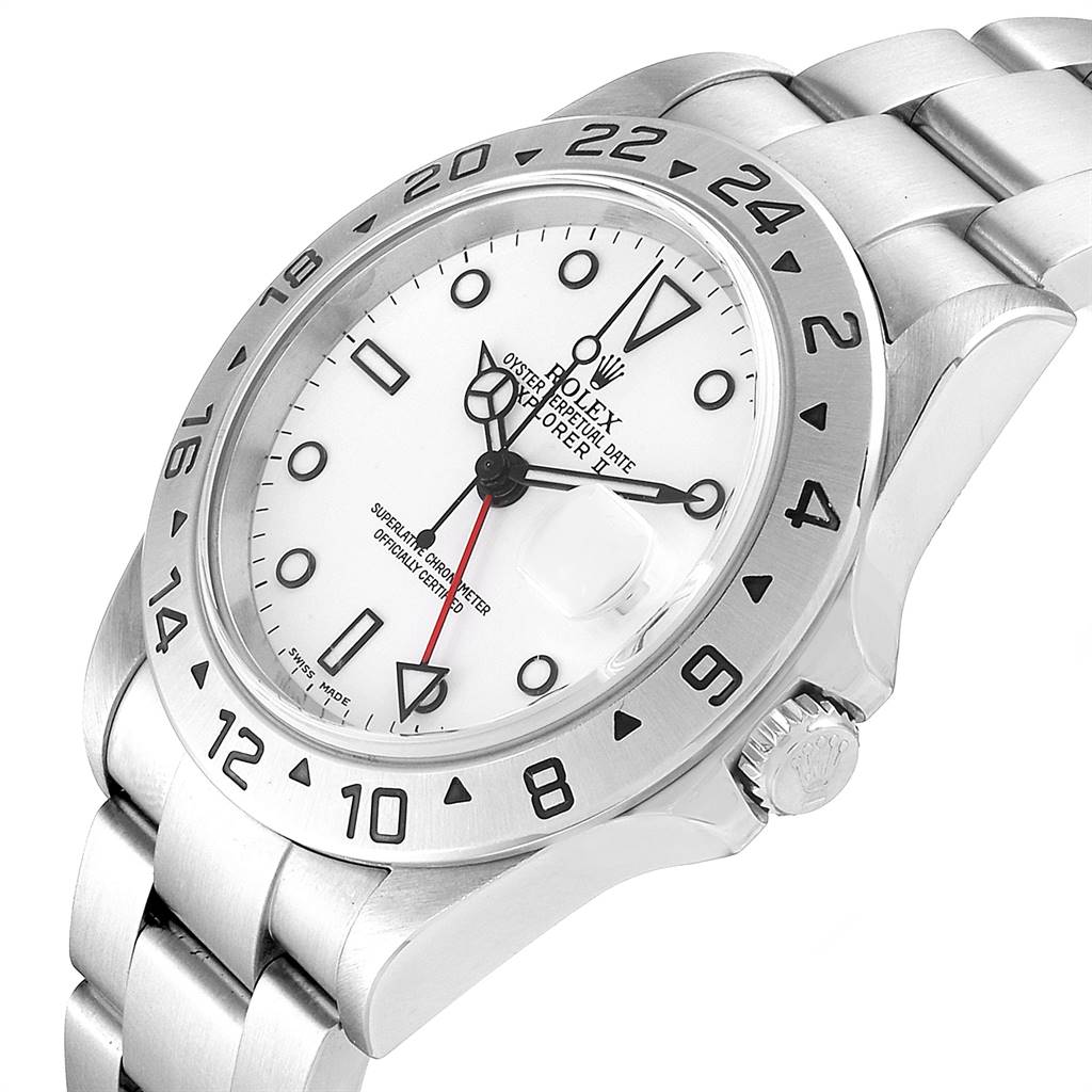 This Rolex Explorer 16570 Men's Stainless Steel White Dial 16570 Men's Stainless Steel White Dial watch is viewed at an angle showing the face, bezel, crown, and part of the bracelet.