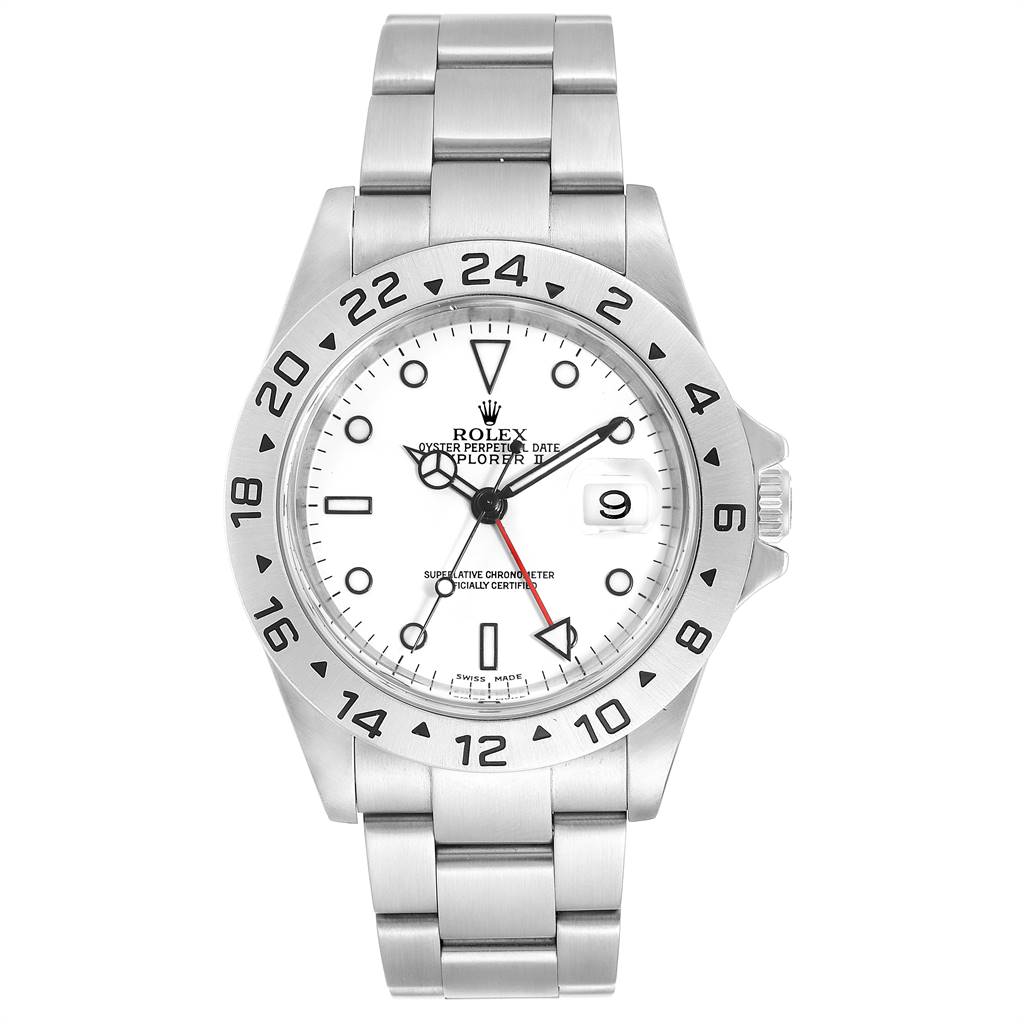 The image shows a front-facing view of a Rolex Explorer 16570 Men's Stainless Steel White Dial 16570 Men's Stainless Steel White Dial watch, displaying the dial, bezel, and bracelet.