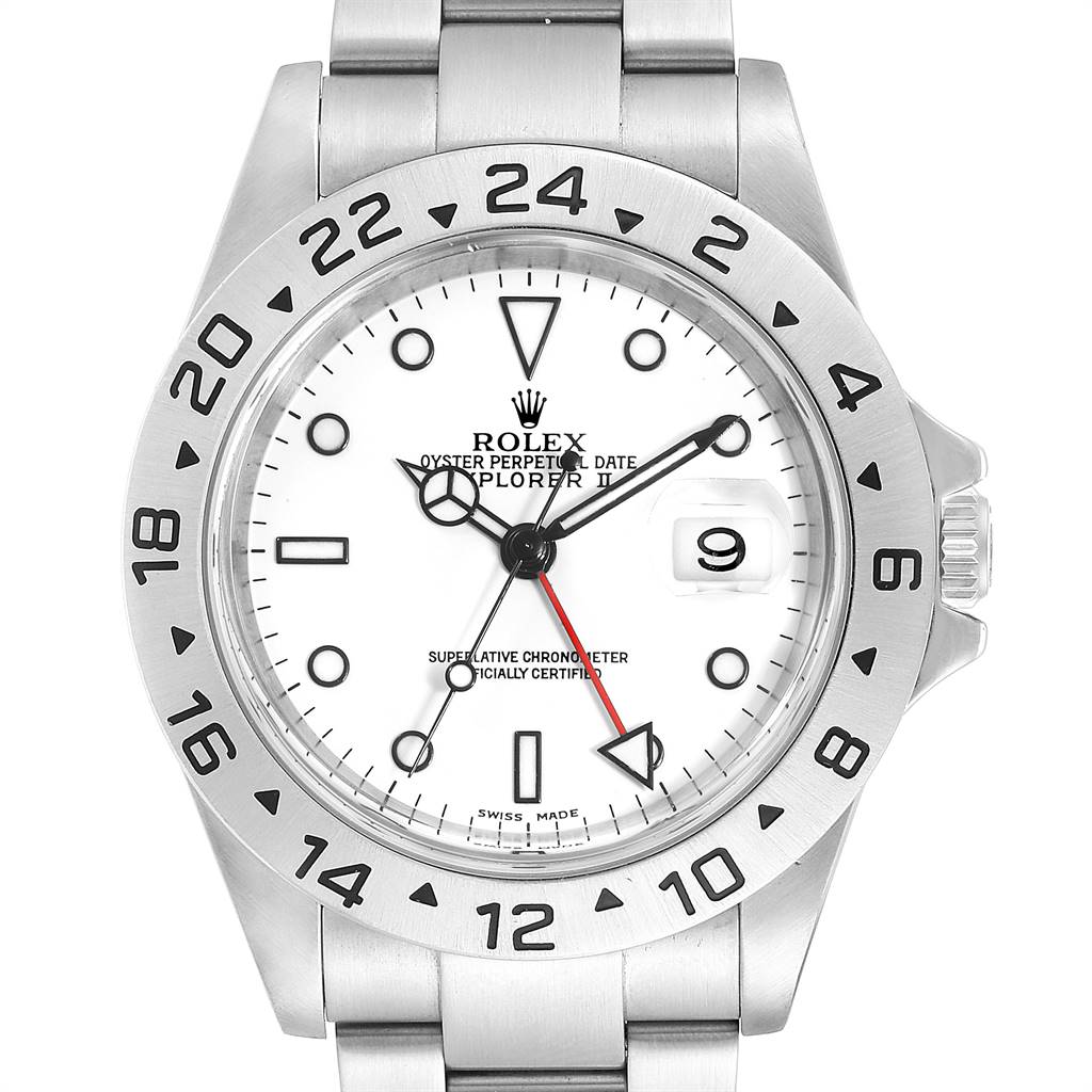 The Rolex Explorer 16570 Men's Stainless Steel White Dial 16570 Men's Stainless Steel White Dial model watch is shown from the front, displaying its white dial, bezel, hands, markers, and date window.