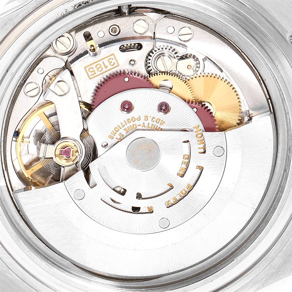 This is a close-up view of the internal mechanical movement of a Rolex Explorer 16570 Men's Stainless Steel White Dial 16570 Men's Stainless Steel White Dial watch.