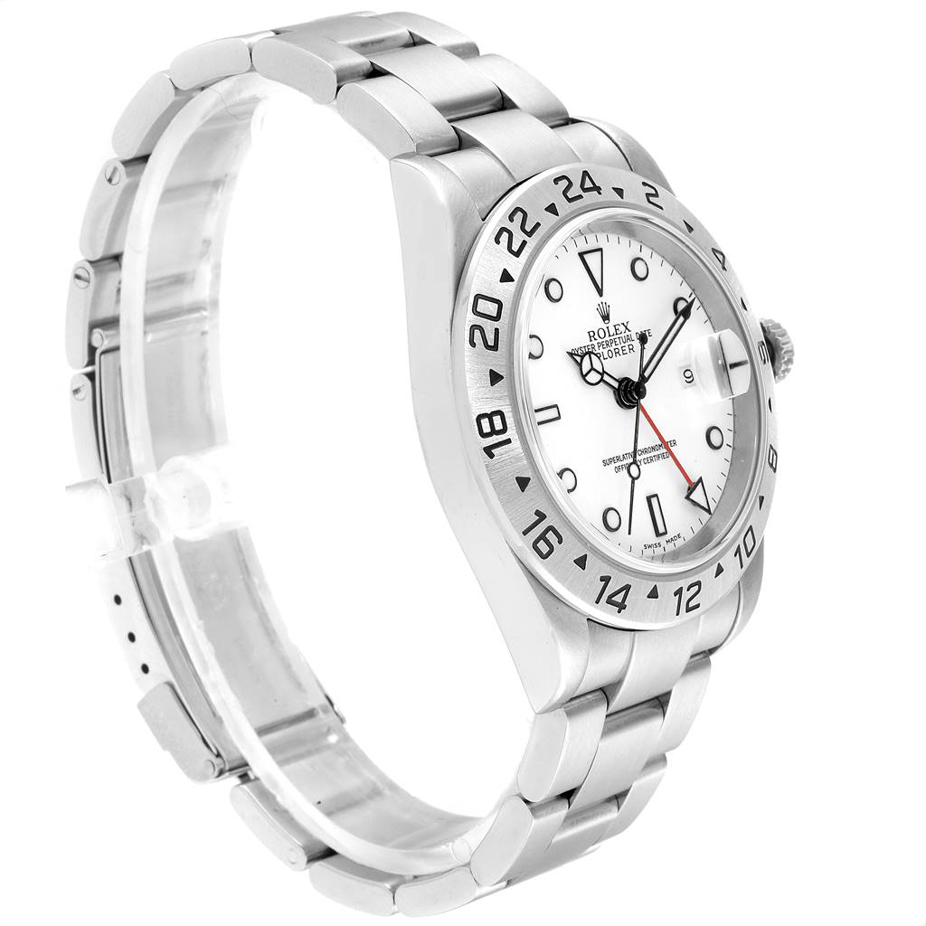 The Rolex Explorer 16570 Men's Stainless Steel White Dial 16570 Men's Stainless Steel White Dial watch is shown at an angled side view, displaying its bezel, dial, crown, and bracelet.