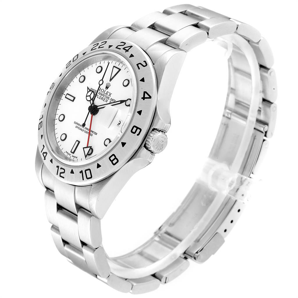 The image shows a Rolex Explorer 16570 Men's Stainless Steel White Dial 16570 Men's Stainless Steel White Dial watch at a 3/4 angle, highlighting the watch face, bezel, and bracelet.