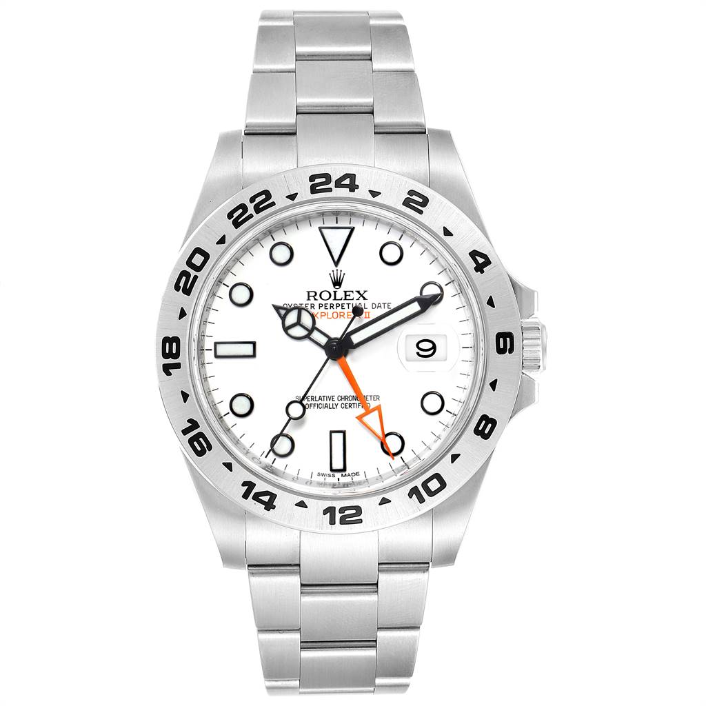 The image shows a front view of a Rolex Explorer 216570 Men's Stainless Steel White Dial 216570 Men's Stainless Steel White Dial watch, featuring a white dial, luminous markers, and a stainless steel bracelet.