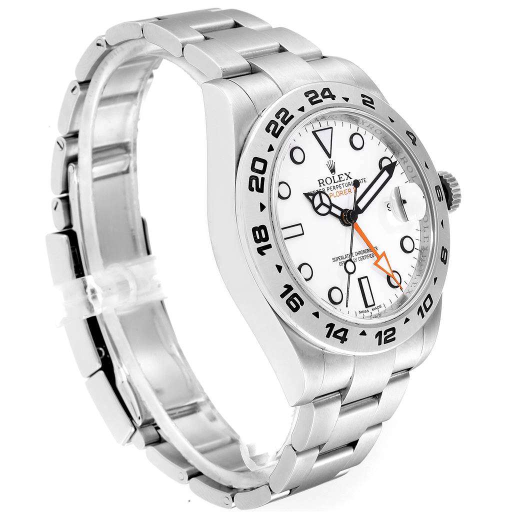 The image shows a side view of a Rolex Explorer 216570 Men's Stainless Steel White Dial 216570 Men's Stainless Steel White Dial watch, highlighting the face, bezel, case, and bracelet.