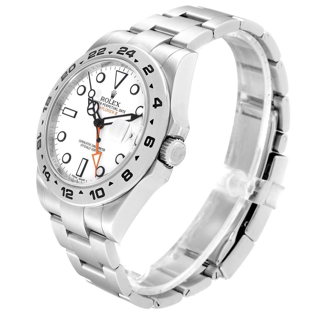 The Rolex Explorer 216570 Men's Stainless Steel White Dial 216570 Men's Stainless Steel White Dial watch is shown at a three-quarter angle, displaying the face, case, crown, and bracelet.