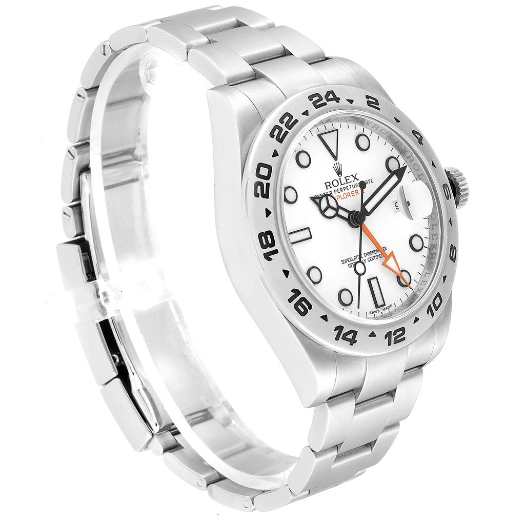The image shows a Rolex Explorer 216570 Men's Stainless Steel White Dial 216570 Men's Stainless Steel White Dial watch angled to display its face, bezel, crown, and stainless steel band.