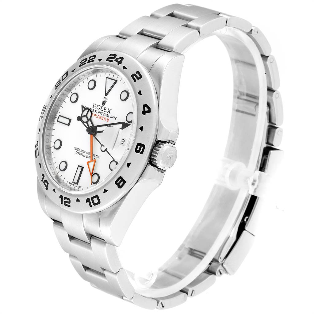 The Rolex Explorer 216570 Men's Stainless Steel White Dial 216570 Men's Stainless Steel White Dial watch is shown at a three-quarter angle, highlighting the face, bezel, case, and bracelet.