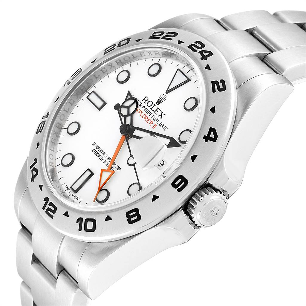 This is a side angle view of a Rolex Explorer 216570 Men's Stainless Steel White Dial 216570 Men's Stainless Steel White Dial watch, showing the face, bezel, crown, and part of the bracelet.