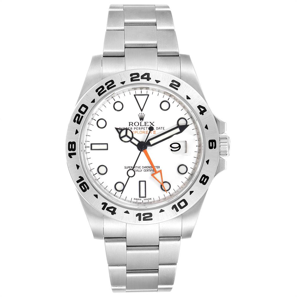 The image shows a front view of a Rolex Explorer 216570 Men's Stainless Steel White Dial 216570 Men's Stainless Steel White Dial model watch, displaying its face, bezel, and bracelet.
