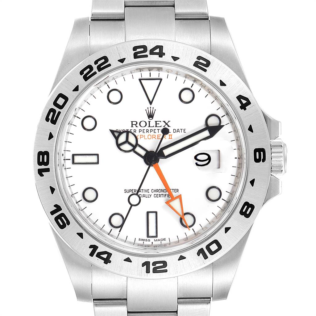 This image shows a frontal view of a Rolex Explorer 216570 Men's Stainless Steel White Dial 216570 Men's Stainless Steel White Dial watch, highlighting its dial, bezel, and bracelet.