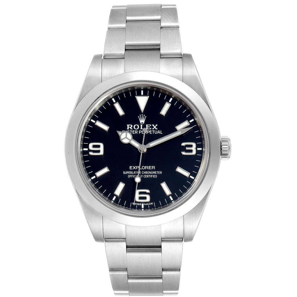 The Rolex Explorer 214270 Men's Stainless Steel Black Dial 214270 Men's Stainless Steel Black Dial watch is shown from a front angle, displaying the dial, bezel, hands, and bracelet.