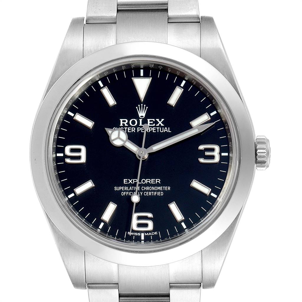 The image shows a frontal view of the Rolex Explorer 214270 Men's Stainless Steel Black Dial 214270 Men's Stainless Steel Black Dial watch, highlighting its dial, hands, bezel, and crown.