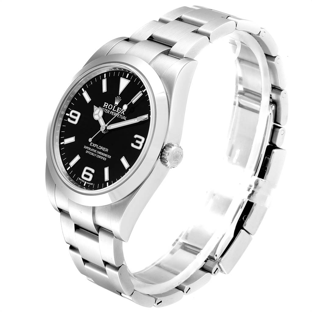The Rolex Explorer 214270 Men's Stainless Steel Black Dial 214270 Men's Stainless Steel Black Dial model watch is shown at a slight angle, displaying its black dial, hour markers, crown, and stainless steel bracelet.